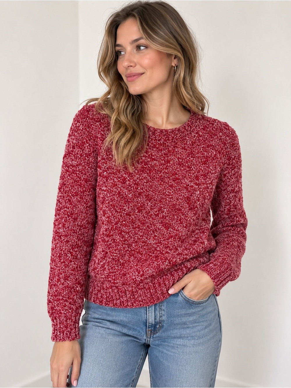 L.L.Bean 100% Cotton Marled Red Crewneck Sweater Women’s Small